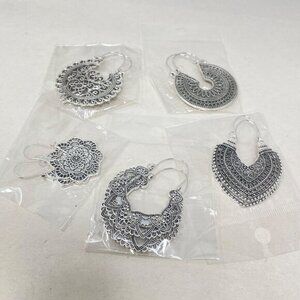 5 Pairs Filigree Hoop Earrings Boho Mandala Bollywood Goddess Silver-Tone‎